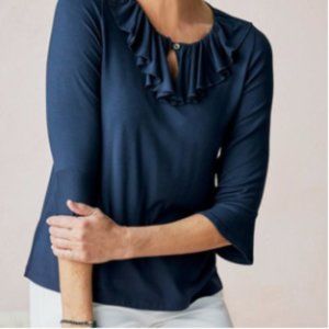 Soft Surroundings Pencova Top Sz S Blue Bias Cut Ruffle Keyhole Neck 3/4 Sleeve